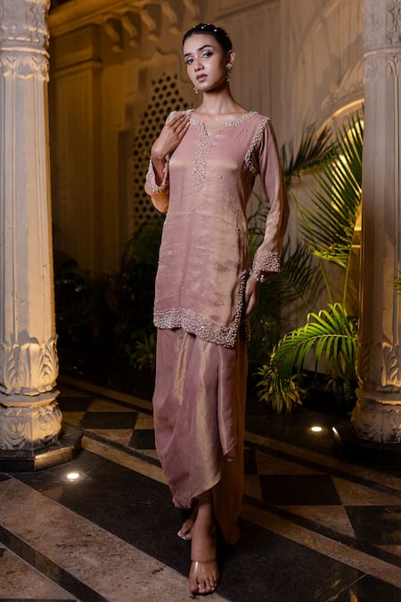 Farha Syed_Peach Chiffon, Tissue Pearls, Sequins Round Neck Pink Kurta With Draped Skirt _Online_at_Aza_Fashions