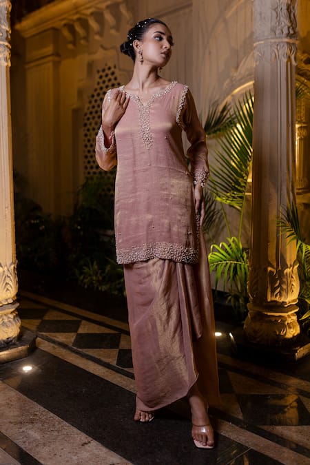Shop_Farha Syed_Peach Chiffon, Tissue Pearls, Sequins Round Neck Pink Kurta With Draped Skirt _Online_at_Aza_Fashions