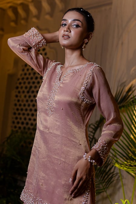 Farha Syed_Peach Chiffon, Tissue Pearls, Sequins Round Neck Pink Kurta With Draped Skirt _at_Aza_Fashions