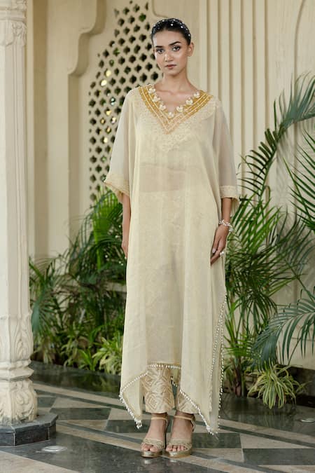 Buy_Farha Syed_Ivory Chiffon, Tissue, Brocade Embroidery, Pearls, Beads, Beige Kaftan Set _Online_at_Aza_Fashions