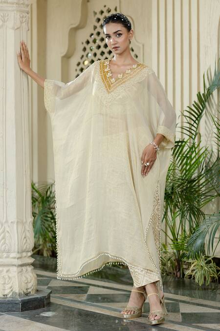 Shop_Farha Syed_Ivory Chiffon, Tissue, Brocade Embroidery, Pearls, Beads, Beige Kaftan Set _Online_at_Aza_Fashions