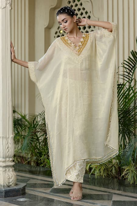 Farha Syed_Ivory Chiffon, Tissue, Brocade Embroidery, Pearls, Beads, Beige Kaftan Set _at_Aza_Fashions