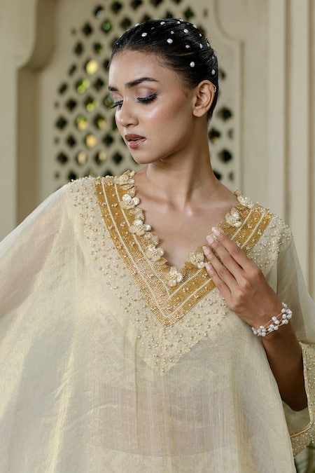 Buy_Farha Syed_Ivory Chiffon, Tissue, Brocade Embroidery, Pearls, Beads, Beige Kaftan Set 