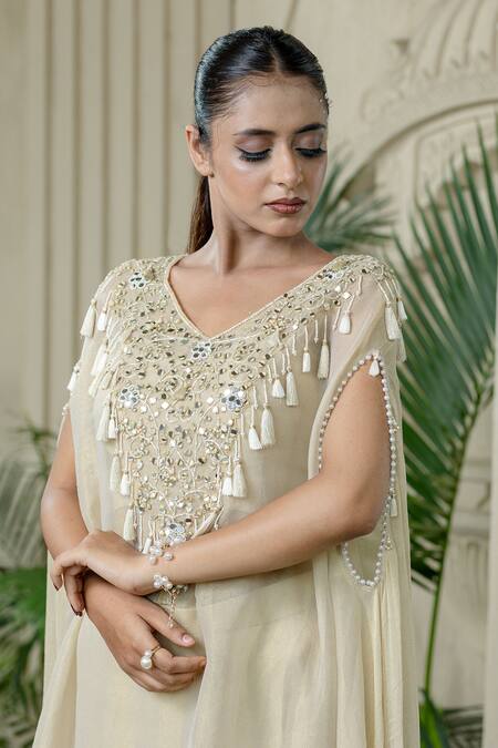 Buy Farha Syed Ivory Chiffon, Tissue Mirrors, Pearls, Cut Work V-neck Beige Kaftan Palazzo Set Buy_Farha Syed_Ivory Chiffon, Tissue Mirrors, Pearls, Cut Work V-neck Beige Kaftan Palazzo Set