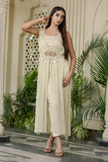 Buy Farha Syed Ivory Tissue, Chiffon, Brocade Pearls, Zari, Beige Kurta Pant Bustier Set Online at Aza Fashions Buy_Farha Syed_Ivory Tissue, Chiffon, Brocade Pearls, Zari, Beige Kurta Pant Bustier Set _Online_at_Aza_Fashions