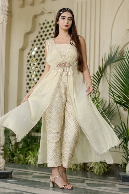 Shop Farha Syed Ivory Tissue, Chiffon, Brocade Pearls, Zari, Beige Kurta Pant Bustier Set Online at Aza Fashions Shop_Farha Syed_Ivory Tissue, Chiffon, Brocade Pearls, Zari, Beige Kurta Pant Bustier Set _Online_at_Aza_Fashions