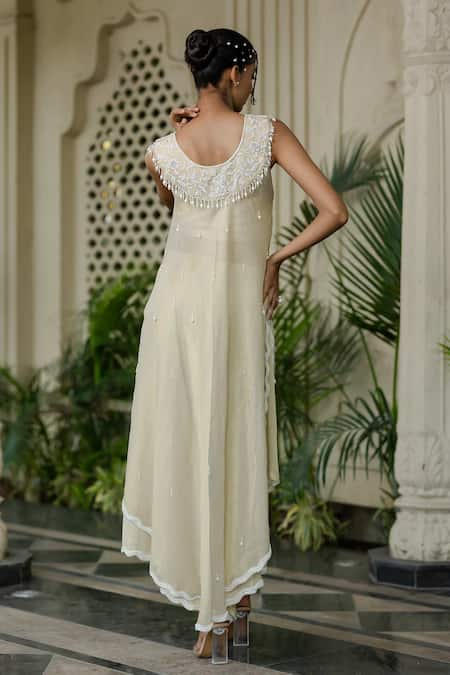 Farha Syed_Ivory Tissue, Chiffon, Silk, Satin Pearls, Beige Hand Embroidered Kurta Set _Online_at_Aza_Fashions