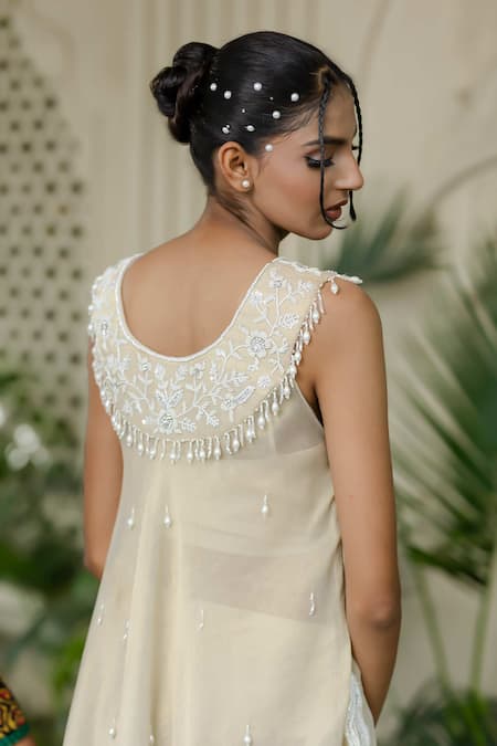 Buy_Farha Syed_Ivory Tissue, Chiffon, Silk, Satin Pearls, Beige Hand Embroidered Kurta Set _Online_at_Aza_Fashions