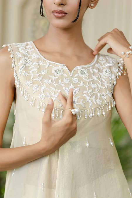 Shop_Farha Syed_Ivory Tissue, Chiffon, Silk, Satin Pearls, Beige Hand Embroidered Kurta Set _Online_at_Aza_Fashions
