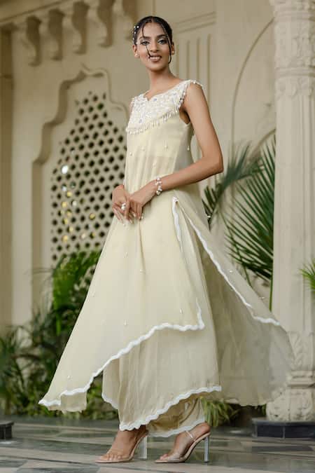 Farha Syed_Ivory Tissue, Chiffon, Silk, Satin Pearls, Beige Hand Embroidered Kurta Set _at_Aza_Fashions