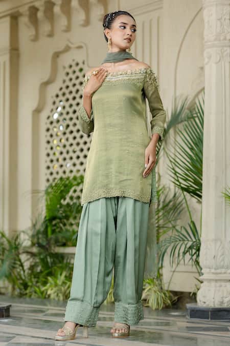 Buy_Farha Syed_Green Chiffon, Silk, Tulle Embroidery, Pearls Kurta Farshi Shalwar Set _Online_at_Aza_Fashions