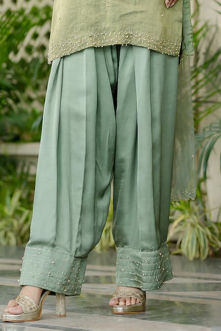 Shop_Farha Syed_Green Chiffon, Silk, Tulle Embroidery, Pearls Kurta Farshi Shalwar Set _Online_at_Aza_Fashions