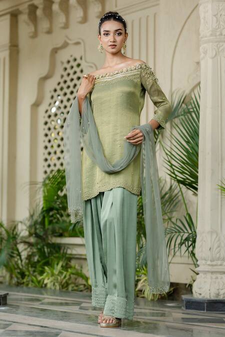 Farha Syed_Green Chiffon, Silk, Tulle Embroidery, Pearls Kurta Farshi Shalwar Set _at_Aza_Fashions