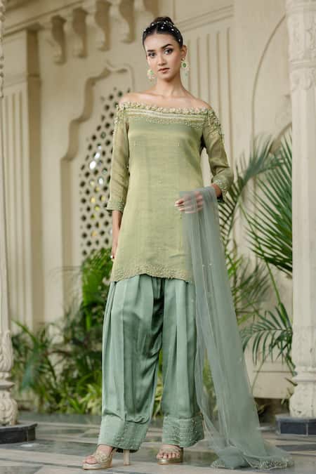 Buy_Farha Syed_Green Chiffon, Silk, Tulle Embroidery, Pearls Kurta Farshi Shalwar Set 