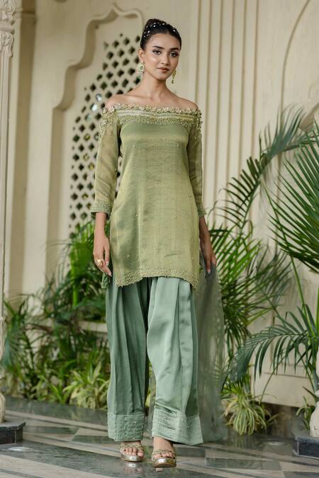 Shop_Farha Syed_Green Chiffon, Silk, Tulle Embroidery, Pearls Kurta Farshi Shalwar Set 