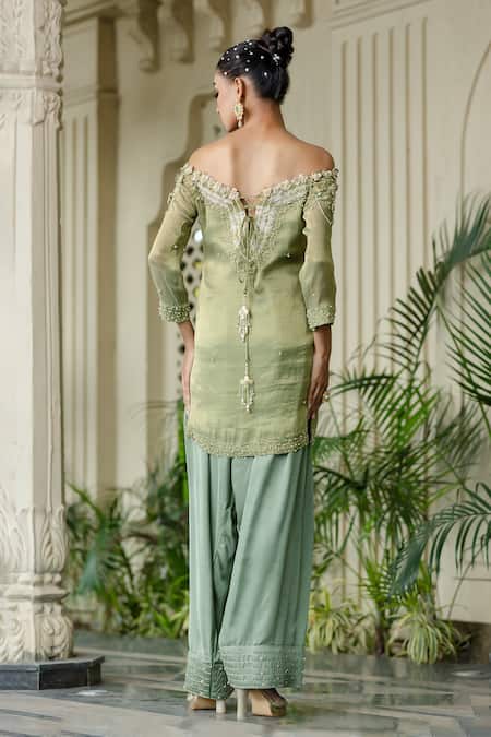 Farha Syed Green Embroidered Kurta Farshi Shalwar Set 