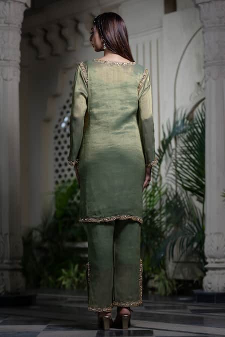 Farha Syed Green Chiffon Stones, Pearls, Cut Work V-neck Hand Embroidered Kurta Set Online at Aza Fashions Farha Syed_Green Chiffon Stones, Pearls, Cut Work V-neck Hand Embroidered Kurta Set _Online_at_Aza_Fashions