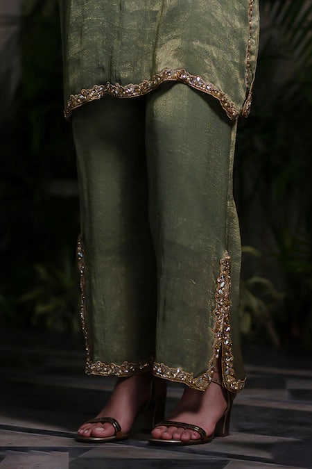 Buy Farha Syed Green Chiffon Stones, Pearls, Cut Work V-neck Hand Embroidered Kurta Set Online at Aza Fashions Buy_Farha Syed_Green Chiffon Stones, Pearls, Cut Work V-neck Hand Embroidered Kurta Set _Online_at_Aza_Fashions