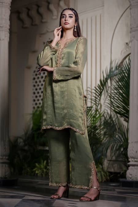 Shop Farha Syed Green Chiffon Stones, Pearls, Cut Work V-neck Hand Embroidered Kurta Set Online at Aza Fashions Shop_Farha Syed_Green Chiffon Stones, Pearls, Cut Work V-neck Hand Embroidered Kurta Set _Online_at_Aza_Fashions