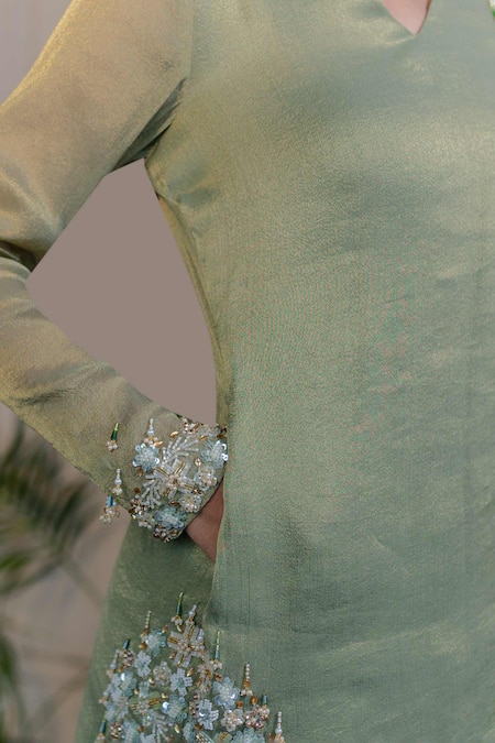 Buy Farha Syed Green Chiffon, Tissue Pearls, Sequins V-neck Embroidered Kurta And Tulip Pant Set Online at Aza Fashions Buy_Farha Syed_Green Chiffon, Tissue Pearls, Sequins V-neck Embroidered Kurta And Tulip Pant Set _Online_at_Aza_Fashions