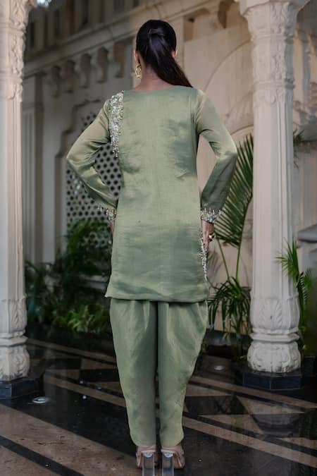 Farha Syed Green Chiffon, Tissue Pearls, Sequins V-neck Embroidered Kurta And Tulip Pant Set Online at Aza Fashions Farha Syed_Green Chiffon, Tissue Pearls, Sequins V-neck Embroidered Kurta And Tulip Pant Set _Online_at_Aza_Fashions