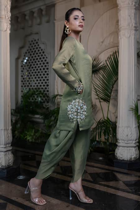 Shop Farha Syed Green Chiffon, Tissue Pearls, Sequins V-neck Embroidered Kurta And Tulip Pant Set Online at Aza Fashions Shop_Farha Syed_Green Chiffon, Tissue Pearls, Sequins V-neck Embroidered Kurta And Tulip Pant Set _Online_at_Aza_Fashions