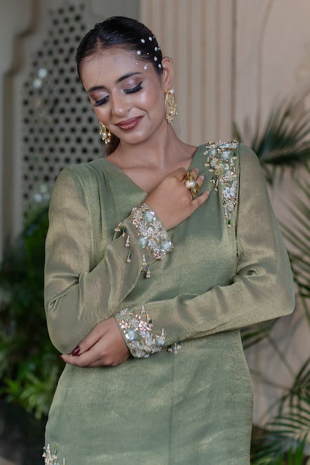 Buy Farha Syed Green Chiffon, Tissue Pearls, Sequins V-neck Embroidered Kurta And Tulip Pant Set Buy_Farha Syed_Green Chiffon, Tissue Pearls, Sequins V-neck Embroidered Kurta And Tulip Pant Set