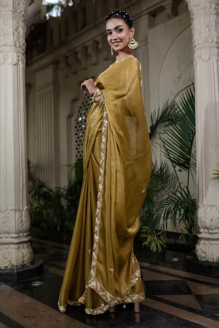 Buy_Farha Syed_Yellow Tissue, Chiffon, Silk, Satin Pearls, Hand Embroidered Saree And Blouse Set _Online_at_Aza_Fashions