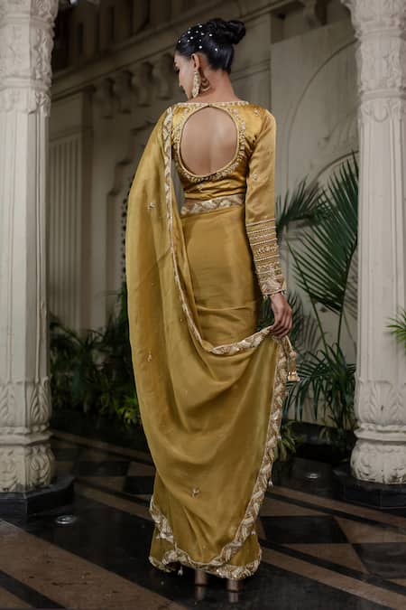 Farha Syed_Yellow Tissue, Chiffon, Silk, Satin Pearls, Hand Embroidered Saree And Blouse Set _Online_at_Aza_Fashions