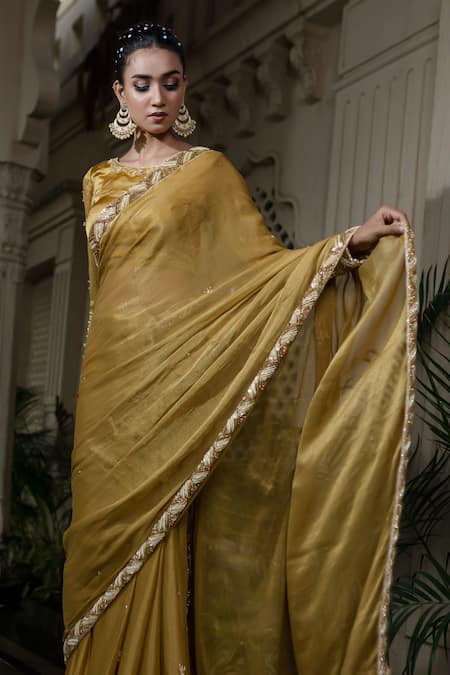 Shop_Farha Syed_Yellow Tissue, Chiffon, Silk, Satin Pearls, Hand Embroidered Saree And Blouse Set _Online_at_Aza_Fashions