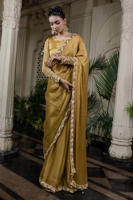 Farha Syed_Yellow Tissue, Chiffon, Silk, Satin Pearls, Hand Embroidered Saree And Blouse Set _at_Aza_Fashions