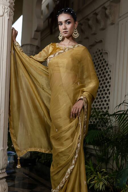 Buy_Farha Syed_Yellow Tissue, Chiffon, Silk, Satin Pearls, Hand Embroidered Saree And Blouse Set 