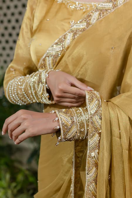 Shop_Farha Syed_Yellow Tissue, Chiffon, Silk, Satin Pearls, Hand Embroidered Saree And Blouse Set 