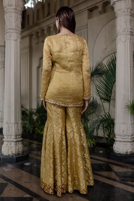 Shop_Farha Syed_Yellow Brocade, Chiffon, Tissue Stones, Pearls, Embroidery Hand Sharara Set _at_Aza_Fashions