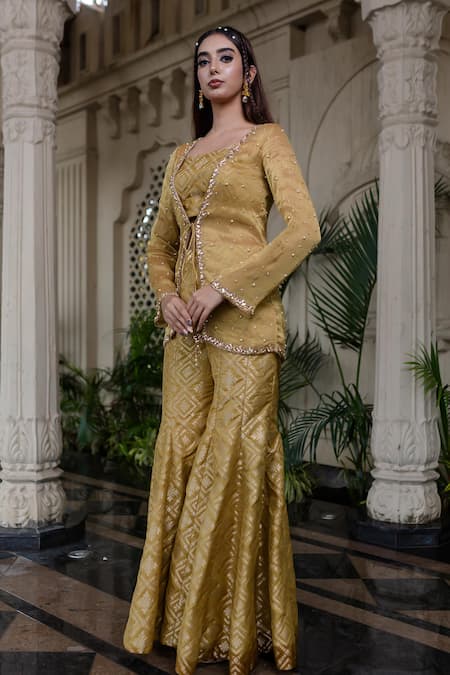 Farha Syed_Yellow Brocade, Chiffon, Tissue Stones, Pearls, Embroidery Hand Sharara Set _Online_at_Aza_Fashions