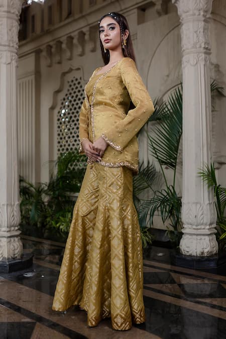 Buy_Farha Syed_Yellow Brocade, Chiffon, Tissue Stones, Pearls, Embroidery Hand Sharara Set _Online_at_Aza_Fashions