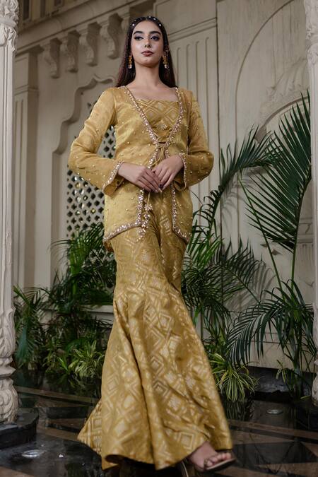 Shop_Farha Syed_Yellow Brocade, Chiffon, Tissue Stones, Pearls, Embroidery Hand Sharara Set _Online_at_Aza_Fashions