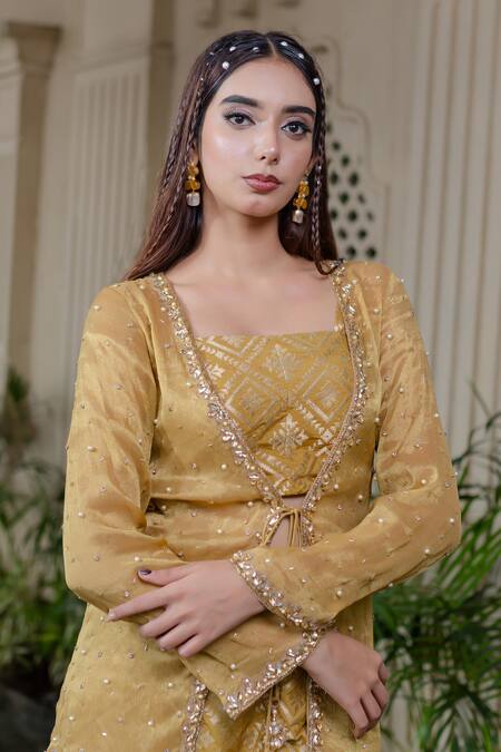 Farha Syed_Yellow Brocade, Chiffon, Tissue Stones, Pearls, Embroidery Hand Sharara Set _at_Aza_Fashions