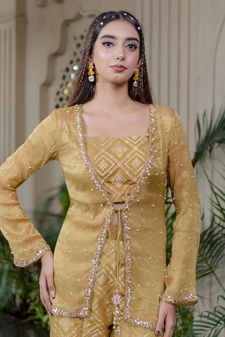 Buy_Farha Syed_Yellow Brocade, Chiffon, Tissue Stones, Pearls, Embroidery Hand Sharara Set 