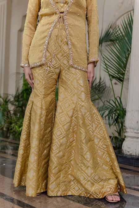 Shop_Farha Syed_Yellow Brocade, Chiffon, Tissue Stones, Pearls, Embroidery Hand Sharara Set 