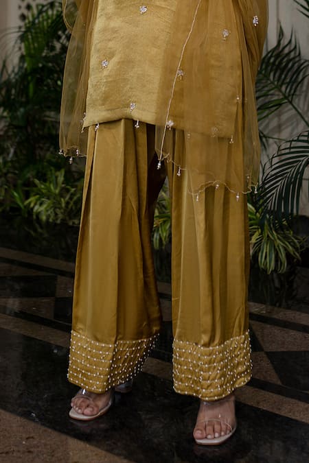 Buy Farha Syed Yellow Tissue, Chiffon, Silk, Satin, Tulle Pearls, Hand Embroidered Kurta Set Online at Aza Fashions Buy_Farha Syed_Yellow Tissue, Chiffon, Silk, Satin, Tulle Pearls, Hand Embroidered Kurta Set _Online_at_Aza_Fashions