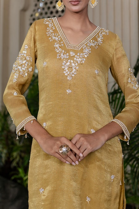 Farha Syed Yellow Tissue, Chiffon, Silk, Satin, Tulle Pearls, Hand Embroidered Kurta Set at Aza Fashions Farha Syed_Yellow Tissue, Chiffon, Silk, Satin, Tulle Pearls, Hand Embroidered Kurta Set _at_Aza_Fashions