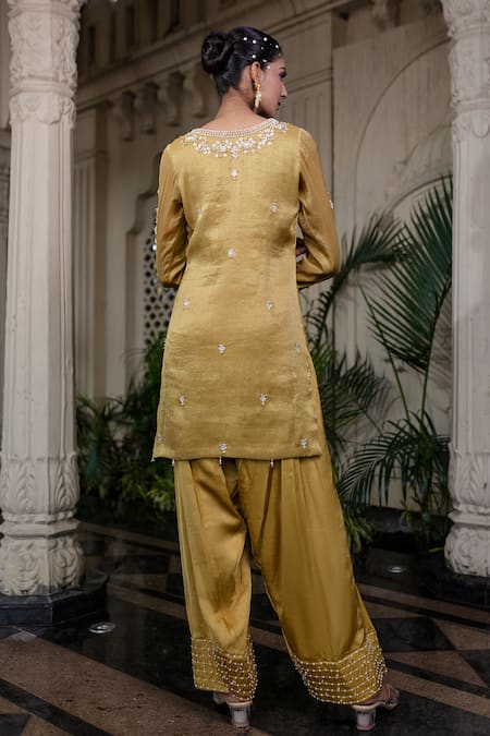 Farha Syed Yellow Tissue, Chiffon, Silk, Satin, Tulle Pearls, Hand Embroidered Kurta Set Online at Aza Fashions Farha Syed_Yellow Tissue, Chiffon, Silk, Satin, Tulle Pearls, Hand Embroidered Kurta Set _Online_at_Aza_Fashions