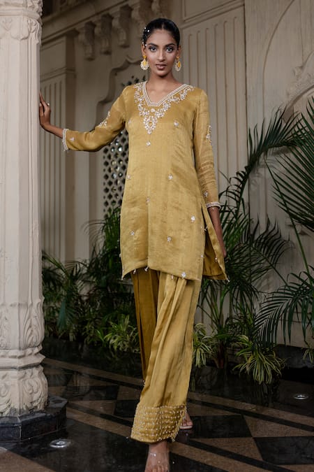 Shop Farha Syed Yellow Tissue, Chiffon, Silk, Satin, Tulle Pearls, Hand Embroidered Kurta Set Shop_Farha Syed_Yellow Tissue, Chiffon, Silk, Satin, Tulle Pearls, Hand Embroidered Kurta Set