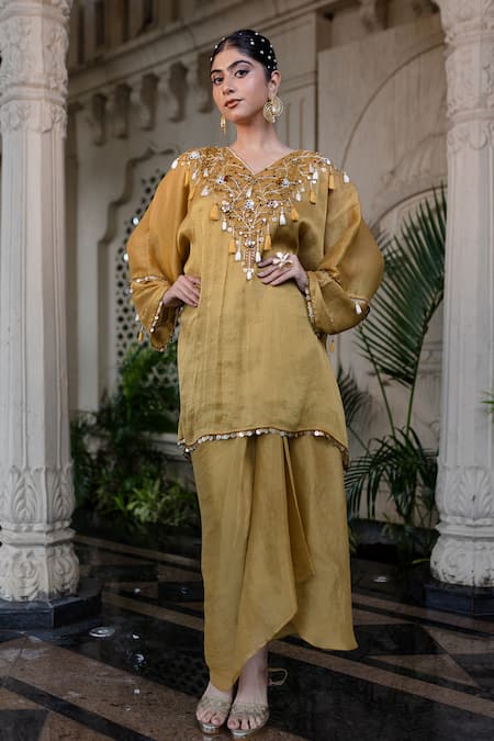 Farha Syed Yellow Chiffon, Tissue Mirrors, Pearls, Cut Work Hand Embroidered Kaftan Set Online at Aza Fashions Farha Syed_Yellow Chiffon, Tissue Mirrors, Pearls, Cut Work Hand Embroidered Kaftan Set _Online_at_Aza_Fashions