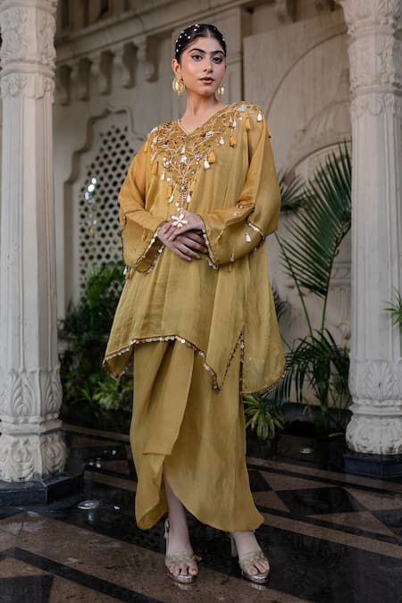 Buy Farha Syed Yellow Chiffon, Tissue Mirrors, Pearls, Cut Work Hand Embroidered Kaftan Set Online at Aza Fashions Buy_Farha Syed_Yellow Chiffon, Tissue Mirrors, Pearls, Cut Work Hand Embroidered Kaftan Set _Online_at_Aza_Fashions