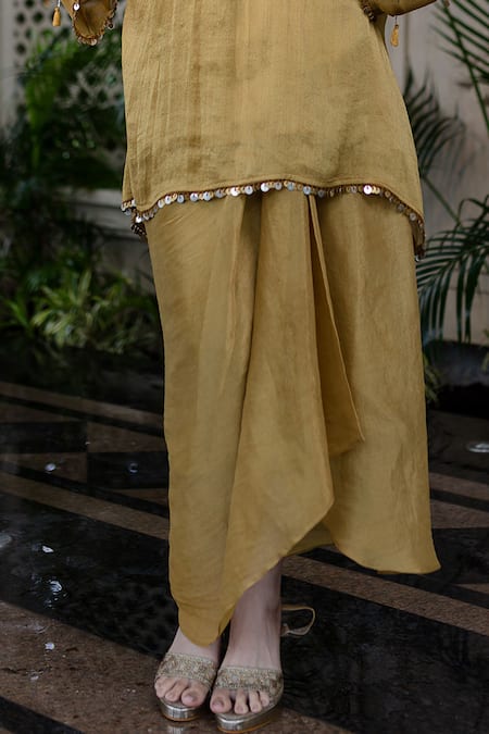 Shop Farha Syed Yellow Chiffon, Tissue Mirrors, Pearls, Cut Work Hand Embroidered Kaftan Set Online at Aza Fashions Shop_Farha Syed_Yellow Chiffon, Tissue Mirrors, Pearls, Cut Work Hand Embroidered Kaftan Set _Online_at_Aza_Fashions