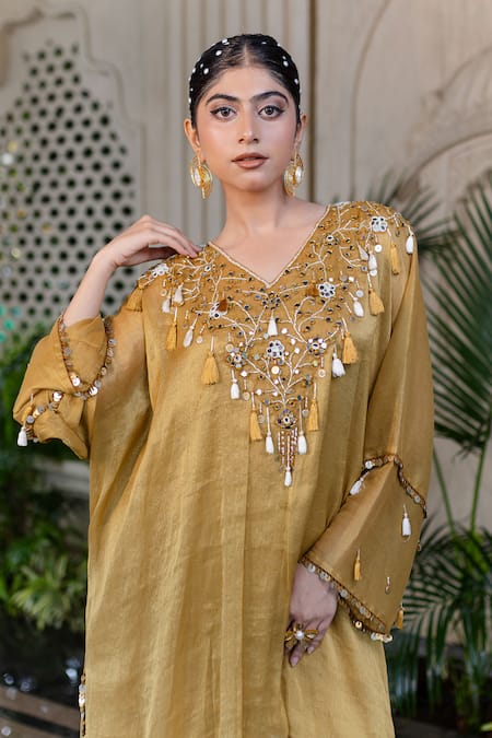 Farha Syed Yellow Chiffon, Tissue Mirrors, Pearls, Cut Work Hand Embroidered Kaftan Set at Aza Fashions Farha Syed_Yellow Chiffon, Tissue Mirrors, Pearls, Cut Work Hand Embroidered Kaftan Set _at_Aza_Fashions