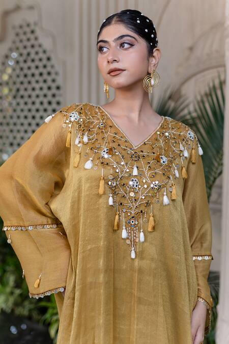 Buy Farha Syed Yellow Chiffon, Tissue Mirrors, Pearls, Cut Work Hand Embroidered Kaftan Set Buy_Farha Syed_Yellow Chiffon, Tissue Mirrors, Pearls, Cut Work Hand Embroidered Kaftan Set