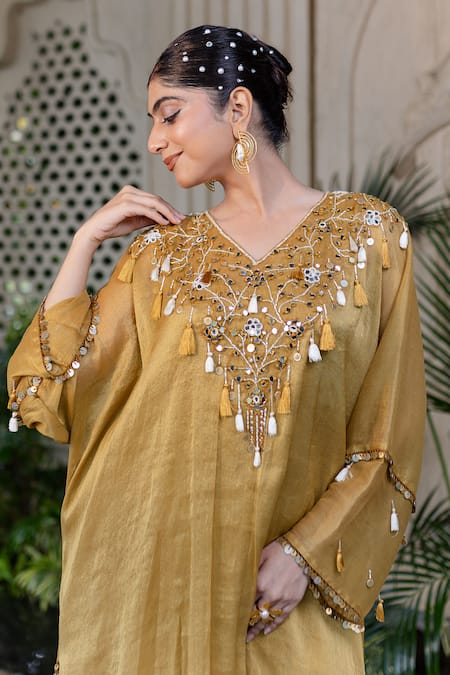 Shop Farha Syed Yellow Chiffon, Tissue Mirrors, Pearls, Cut Work Hand Embroidered Kaftan Set Shop_Farha Syed_Yellow Chiffon, Tissue Mirrors, Pearls, Cut Work Hand Embroidered Kaftan Set